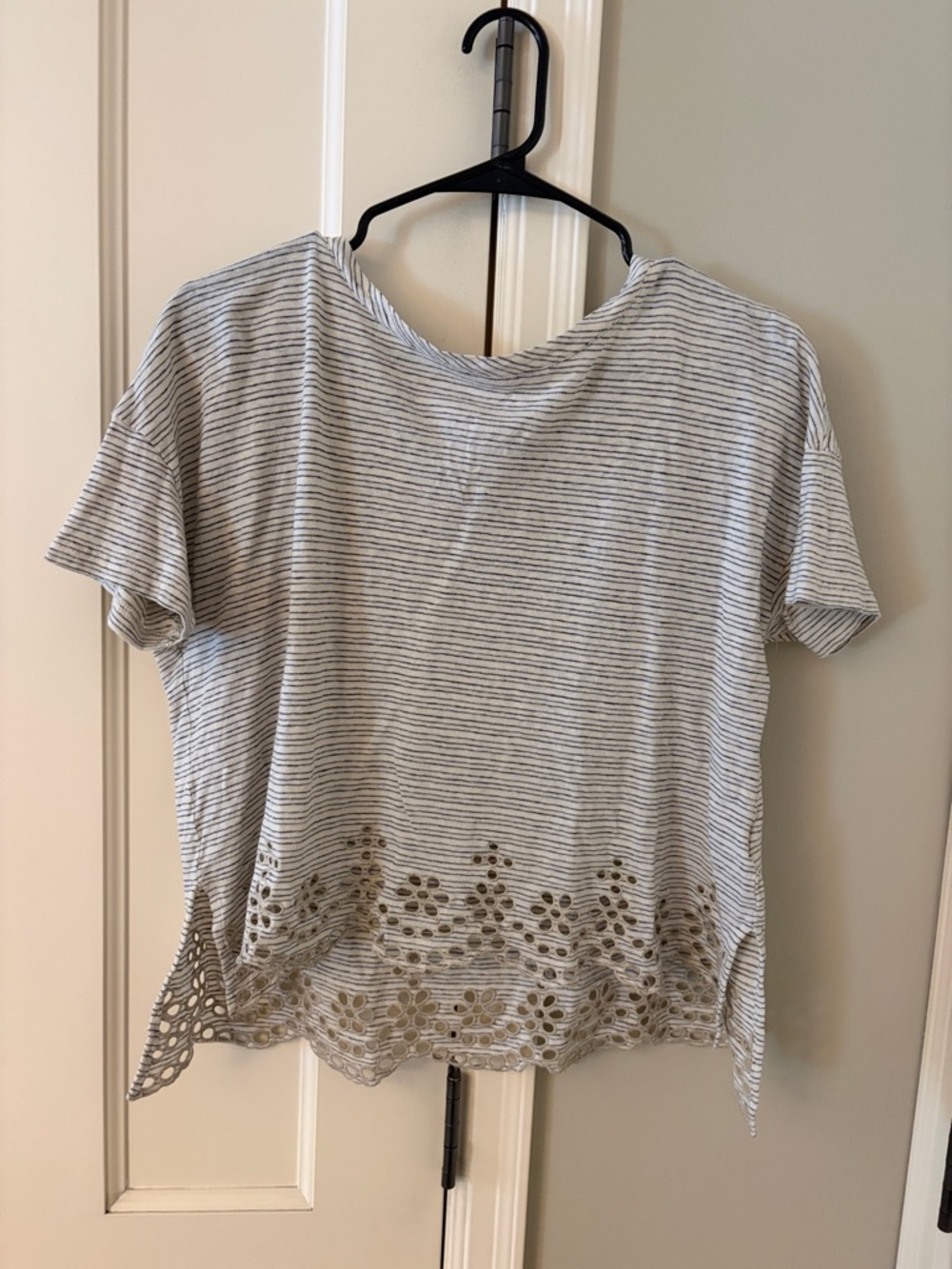 Anthropologie Striped Short Sleeve Top with Eyelet Hem